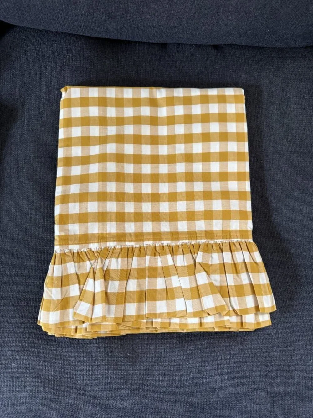 Lands End Twin XL Ruffle Flat Sheet Dijon Gold/Ivory Gingham NEW Farmhouse Bed